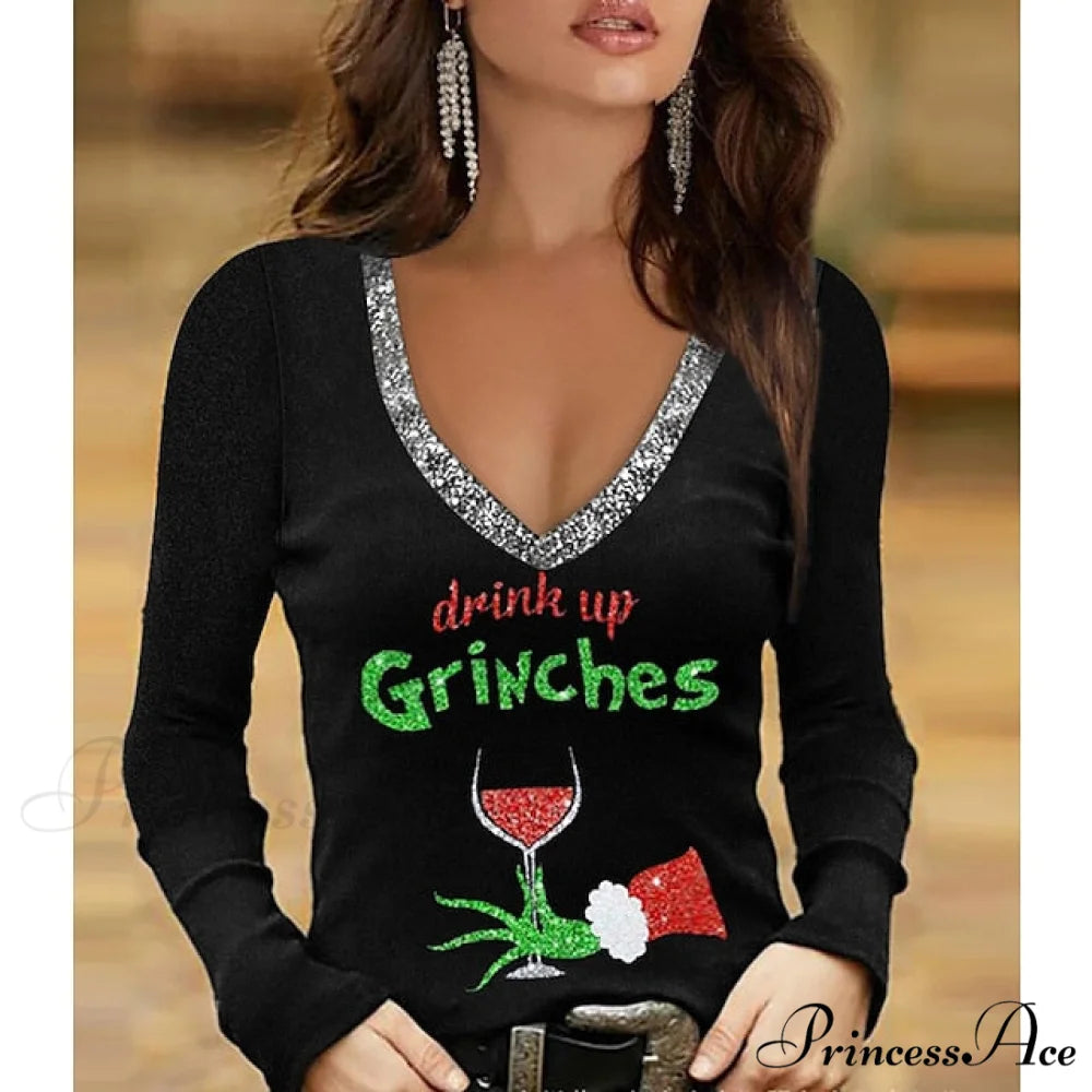 Sparkly 3D Painting shirt Green Wine / Christmas Regular T Weekend Design V Fuchsia Tee Women’s Neck Long S Tree Arm