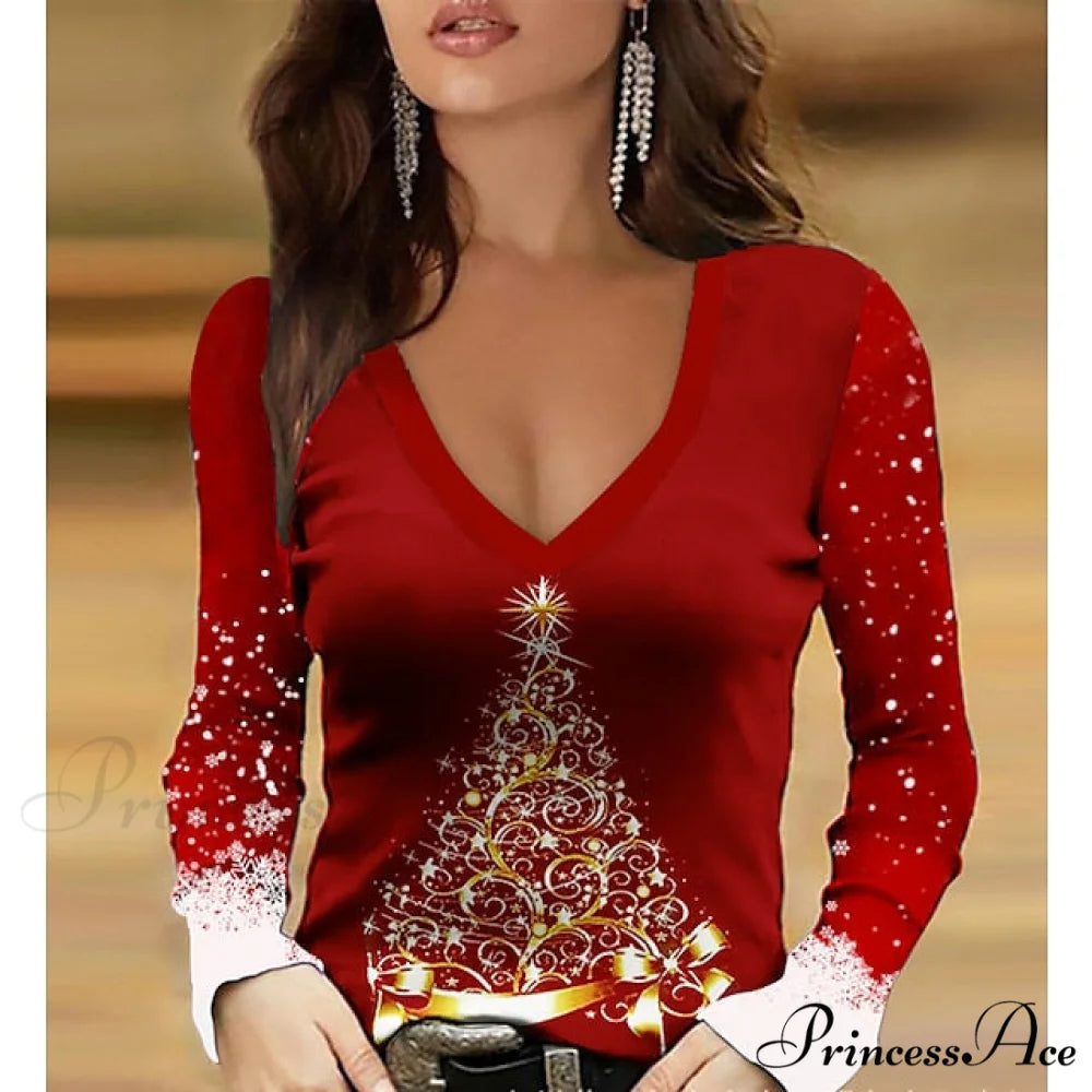 Sparkly 3D Painting shirt Green Wine / Christmas Regular T Weekend Design V Fuchsia Tee Women’s Neck Long S Tree Arm