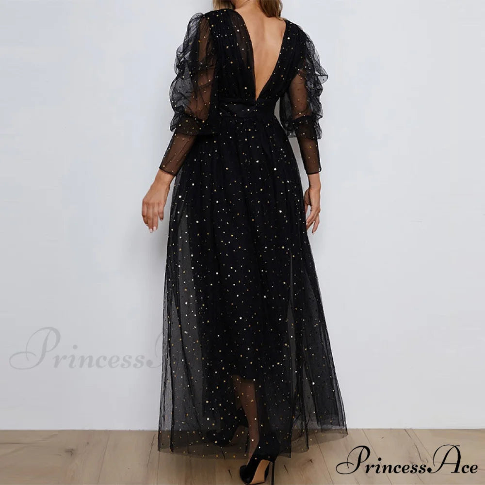 Sparkly Mesh Puff Sleeve V Neck Dress with Buttons