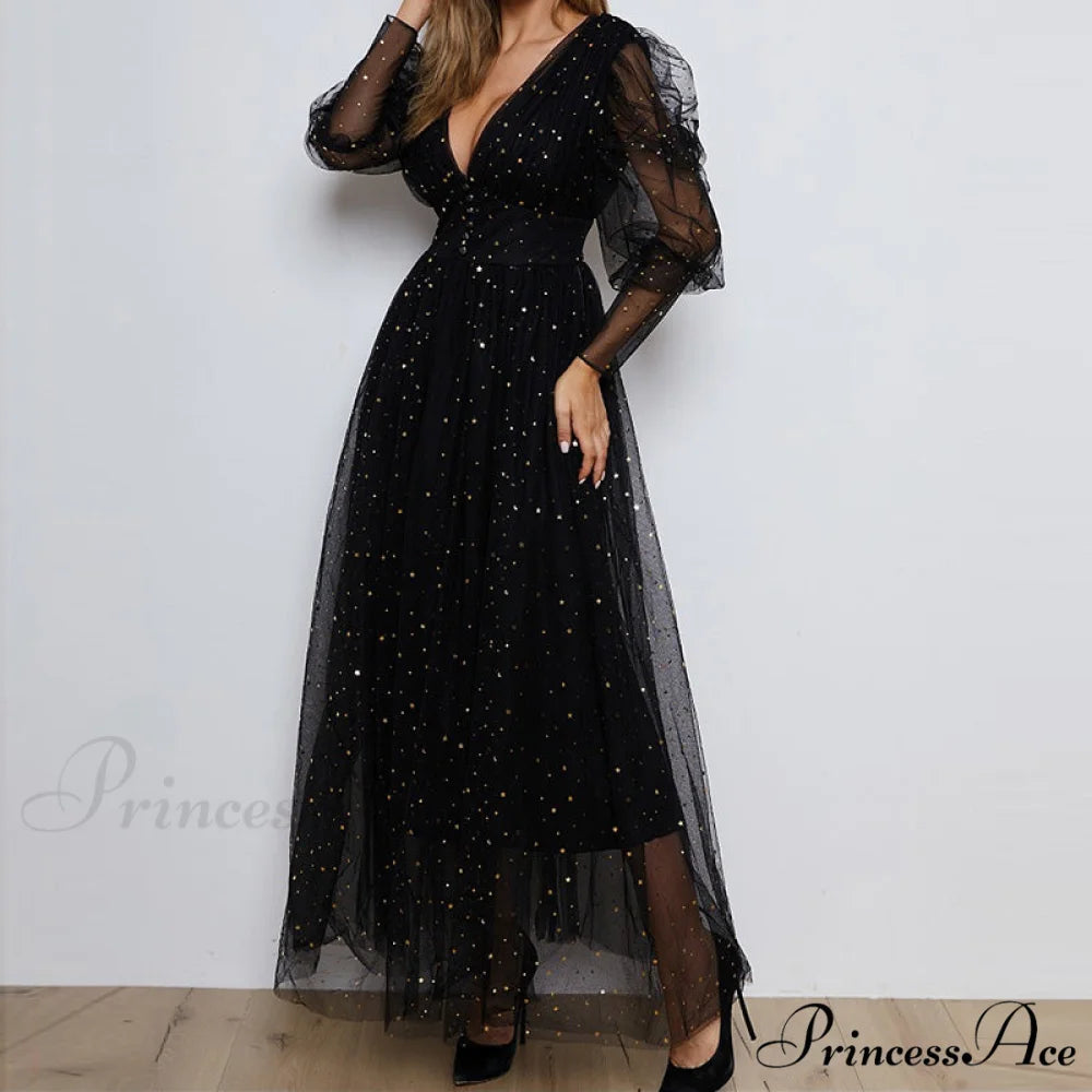 Sparkly Mesh Puff Sleeve V Neck Dress with Buttons