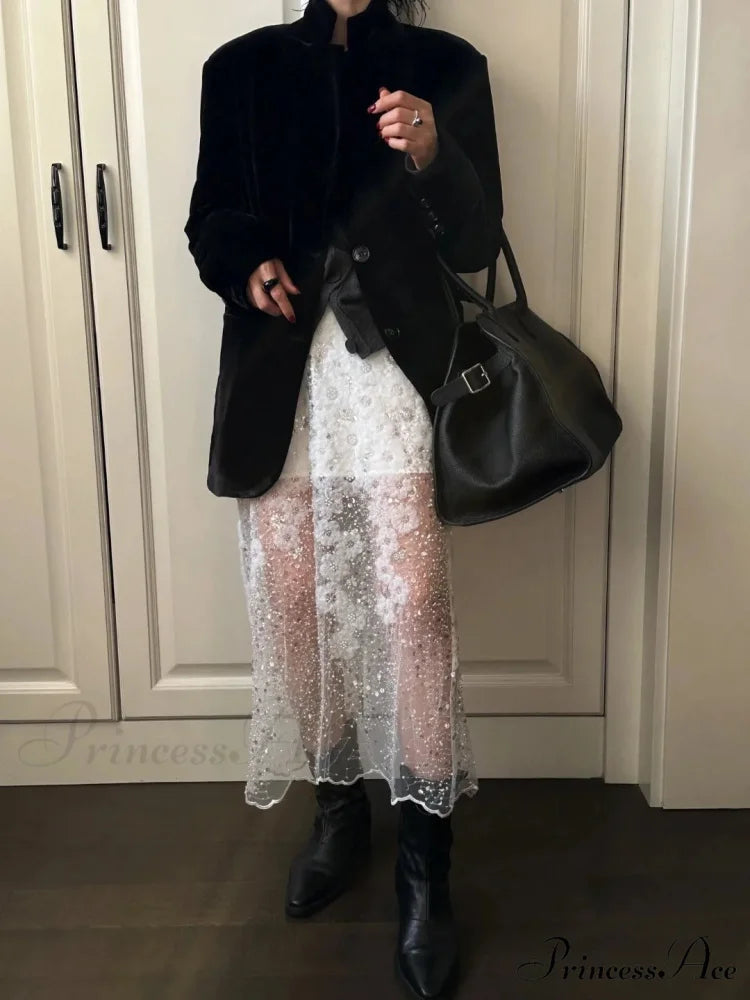 Special White Lace Embellished Sequins High Waist Skirt Women’s Fashion skirt-250126