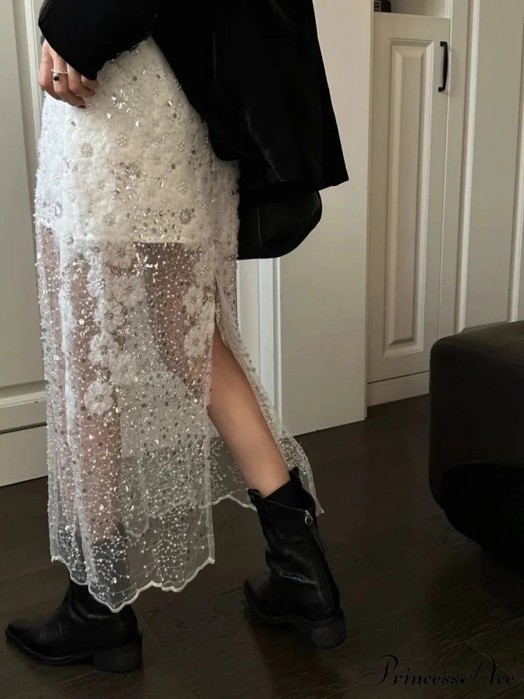 Special White Lace Embellished Sequins High Waist Skirt Women’s Fashion White / S skirt-250126