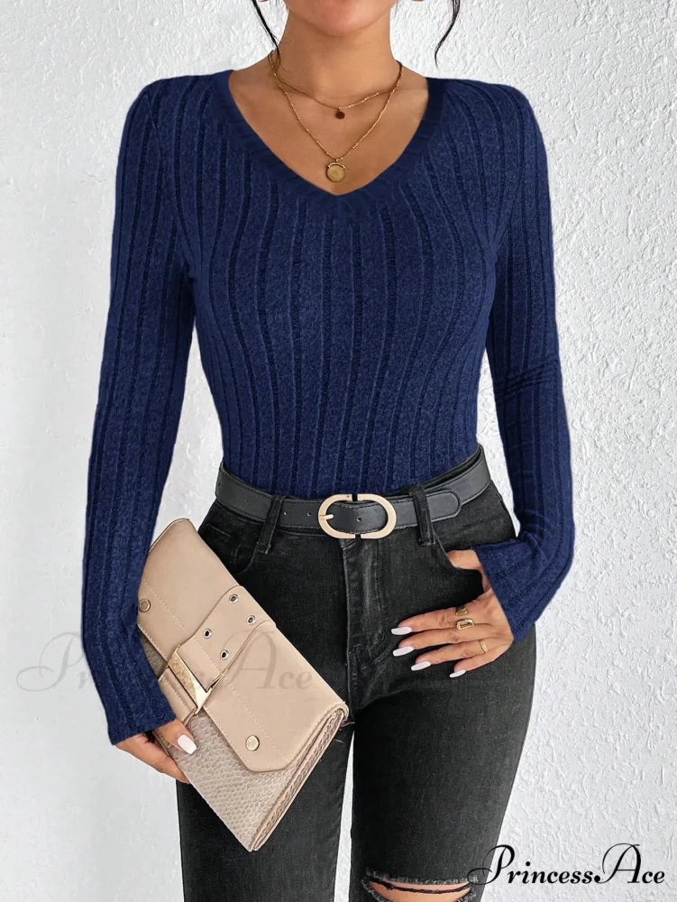 Spice Girl Seductive Slim V-Neck Style Personality Top Women navy blue / XS knittop-250126