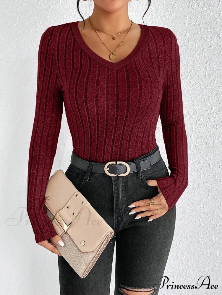 Spice Girl Seductive Slim V-Neck Style Personality Top Women wine red / XS knittop-250126