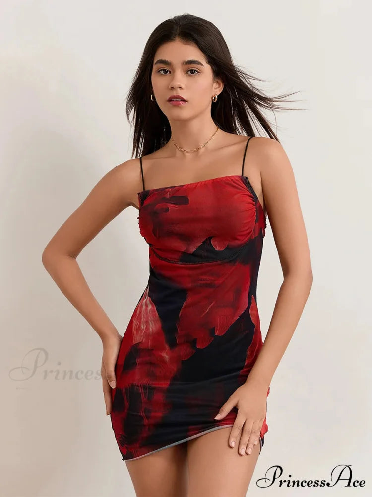 Spicy Flower Pattern Sheath Open-Back Spaghetti Mini Nightclub Flower Dress RED / S floraldress-250126