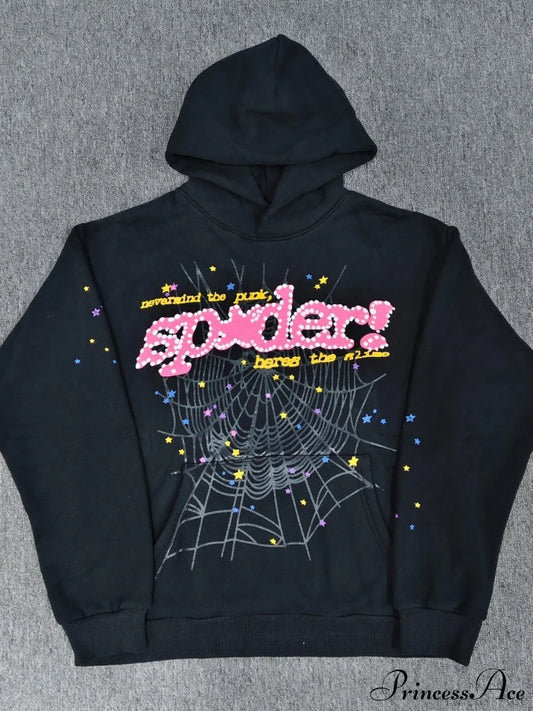Spider Web Letter Print Fleece Cotton Thick Hoodie