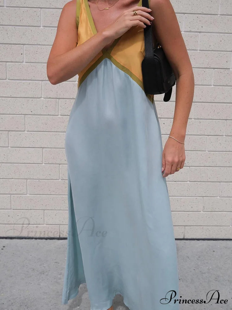 Splicing Chic V-neck Charming Contrasting Color Dress