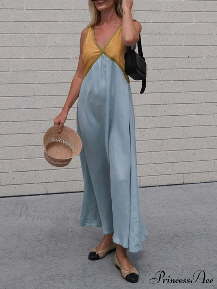 Splicing Chic V-neck Charming Contrasting Color Dress Yellow / S