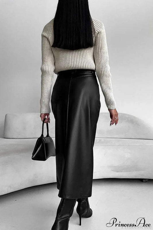 Split Design Fleece Lined Faux Leather Vintage Skirt