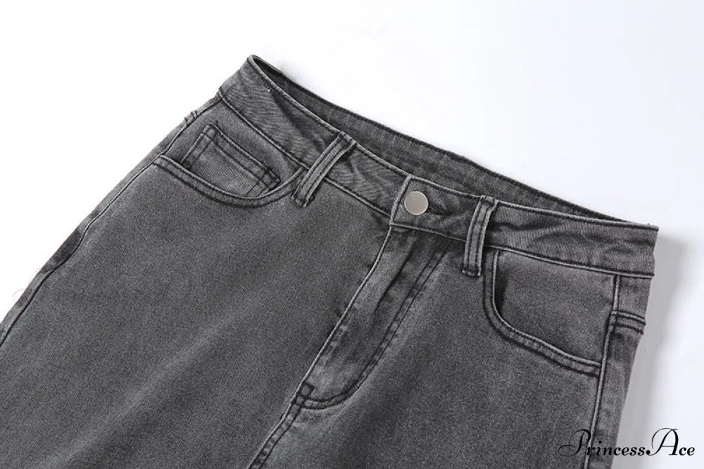 Split Grey Up Denim Trousers Style Stacked Bodycon Streetwear Jeans Ruched Baddie Waist Zip Pants High Women