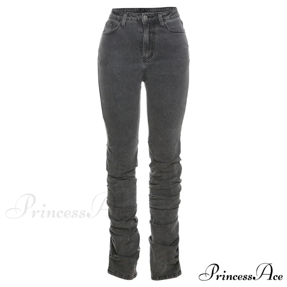 Split Grey Up Denim Trousers Style Stacked Bodycon Streetwear Jeans Ruched Baddie Waist Zip Pants High Women