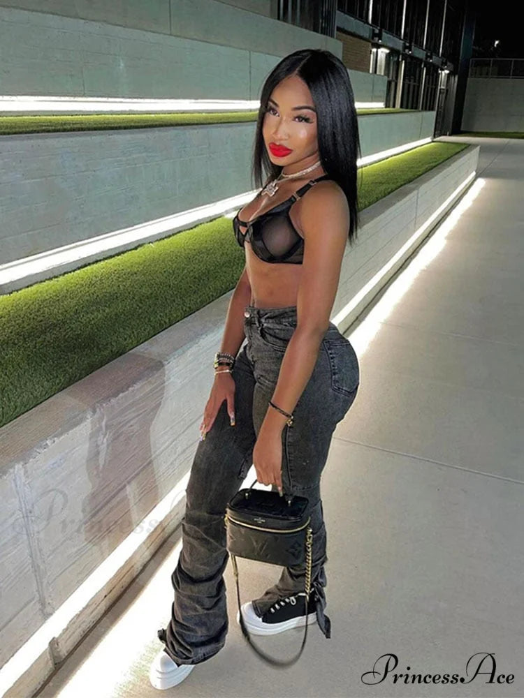 Split Grey Up Denim Trousers Style Stacked Bodycon Streetwear Jeans Ruched Baddie Waist Zip Pants High Women