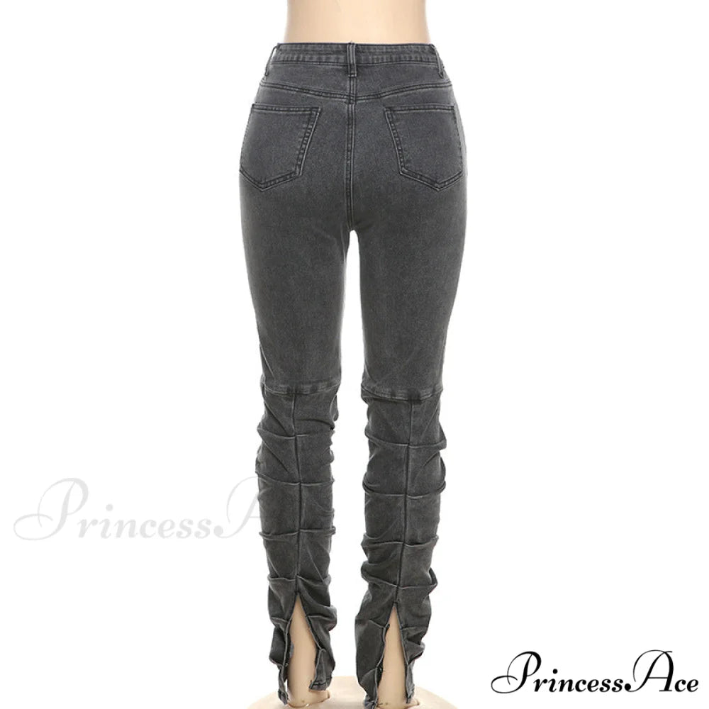 Split Grey Up Denim Trousers Style Stacked Bodycon Streetwear Jeans Ruched Baddie Waist Zip Pants High Women