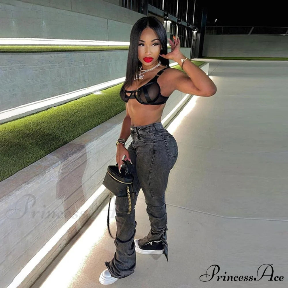 Split Grey Up Denim Trousers Style Stacked Bodycon Streetwear Jeans Ruched Baddie Waist Zip Pants High Women Grey / S