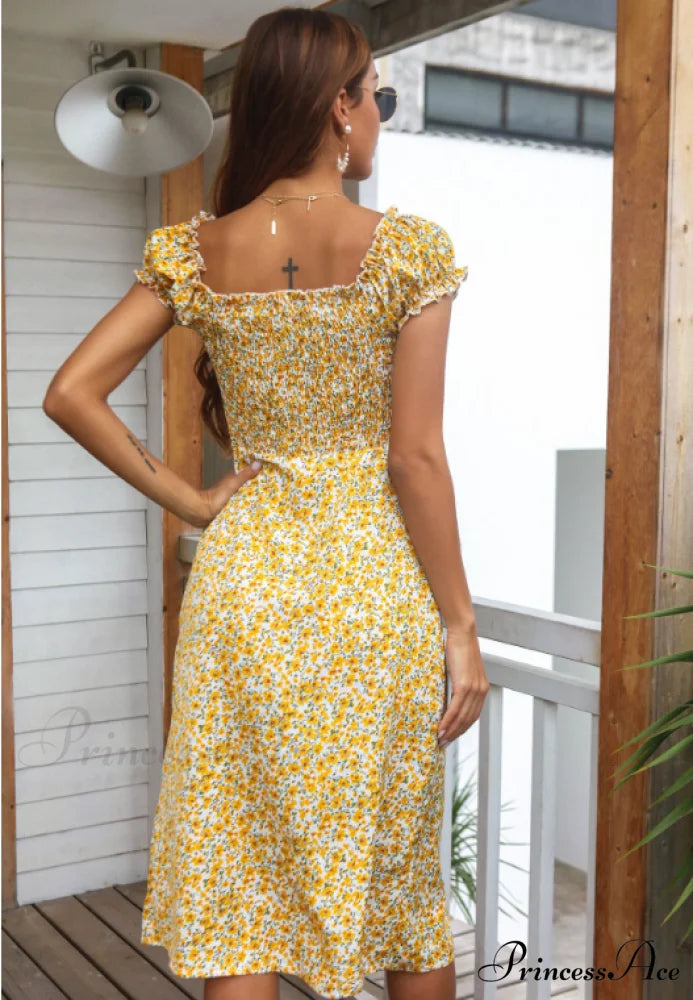 Split Neckline Flowered Dress
