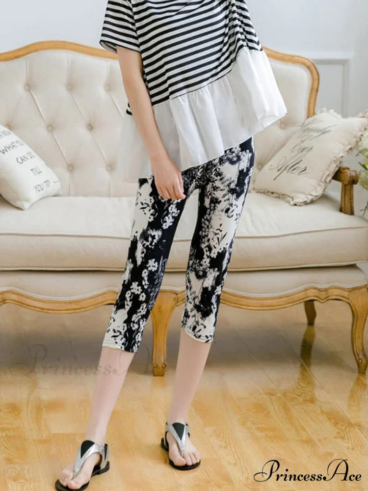 Sportswear Mujer Print Capris Pants Black White Flower / S