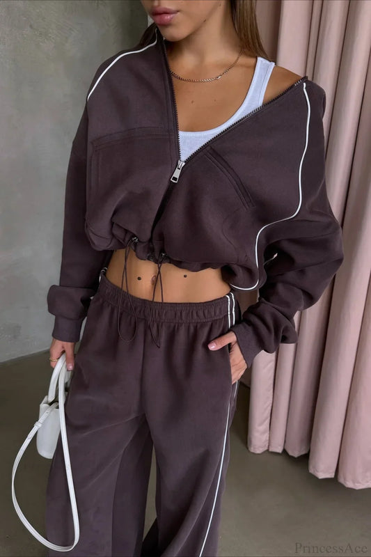 Sporty Color Block Hooded Straight-Leg Pants Two Piece Set