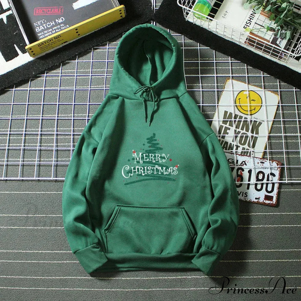 Sporty Printed Casual Long Sleeve Christmas Hoodie for Women Dark Green / S Christmas Hoodies-L
