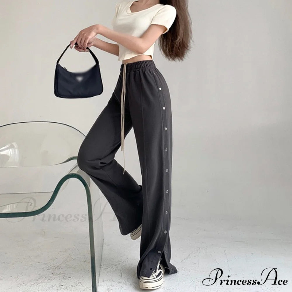 Sporty Side Button Wide Leg Track Pants
