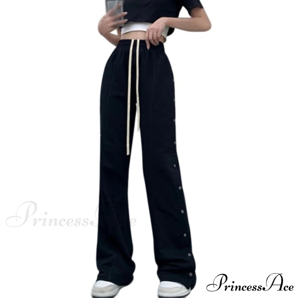 Sporty Side Button Wide Leg Track Pants Black / M