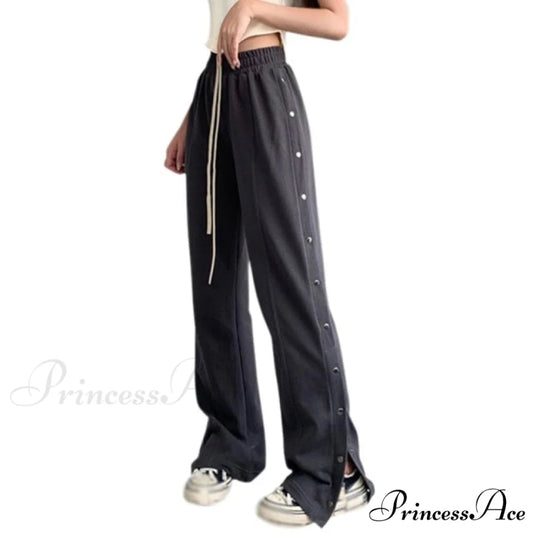 Sporty Side Button Wide Leg Track Pants Grey / M