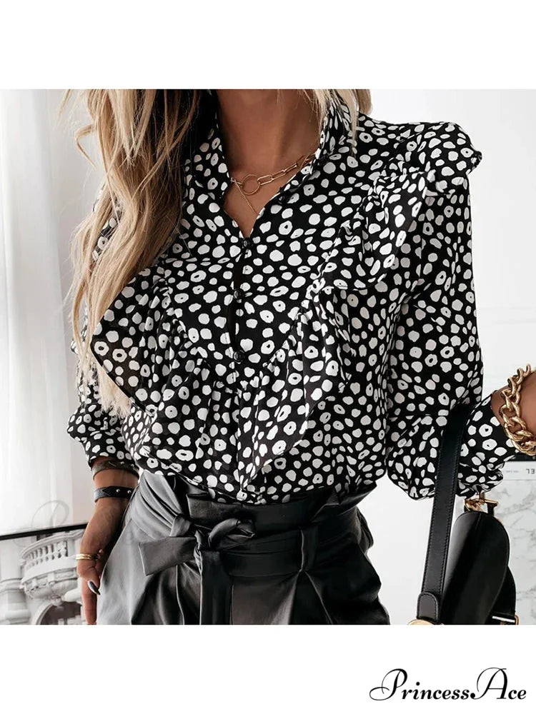 Spotted Dot Print Frill V Neck Blouse blouse-250126