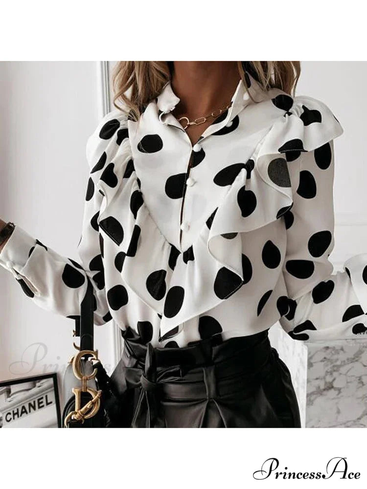 Spotted Dot Print Frill V Neck Blouse blouse-250126