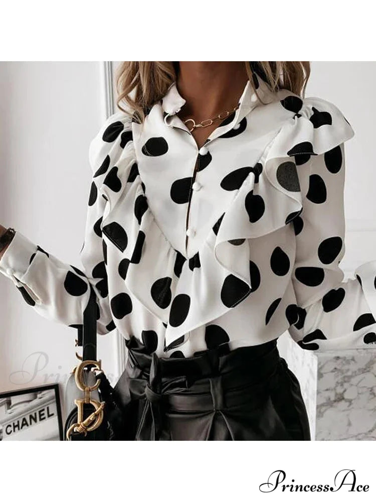 Spotted Dot Print Frill V Neck Blouse -Dot White / S blouse-250126