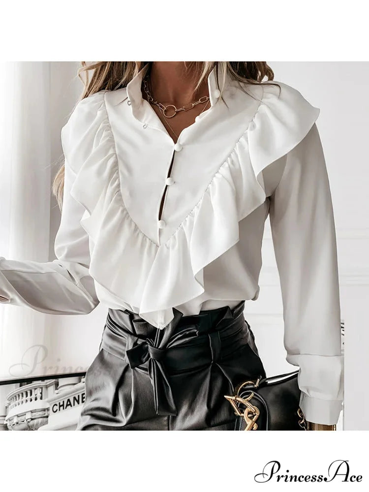 Spotted Dot Print Frill V Neck Blouse WHITE / S blouse-250126