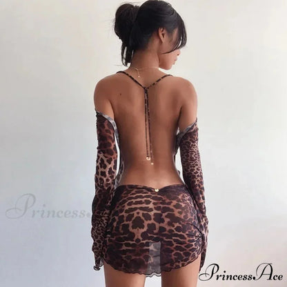 Spotted Mesh Lace-Up Mini Dress Brown / S minidress-250223