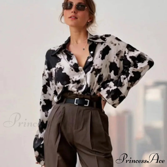 Spotted Print Button Up Long Sleeve Blouse blouse-250223
