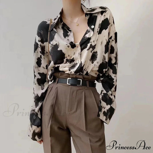 Spotted Print Button Up Long Sleeve Blouse blouse-250223
