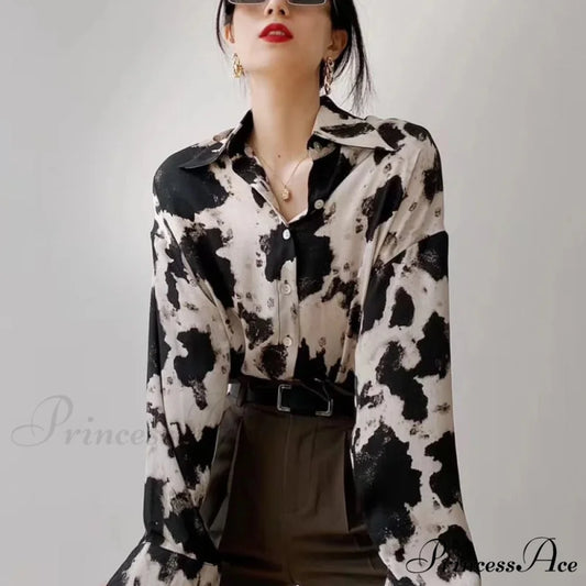 Spotted Print Button Up Long Sleeve Blouse black / S blouse-250223