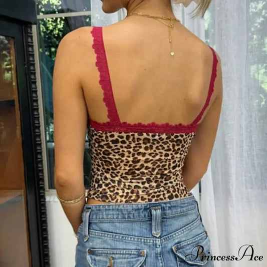Spotted Print Flirtatious Lace Trim V Neck Spaghetti Strap Seductive Sleeveless Crop Top croptop-250126