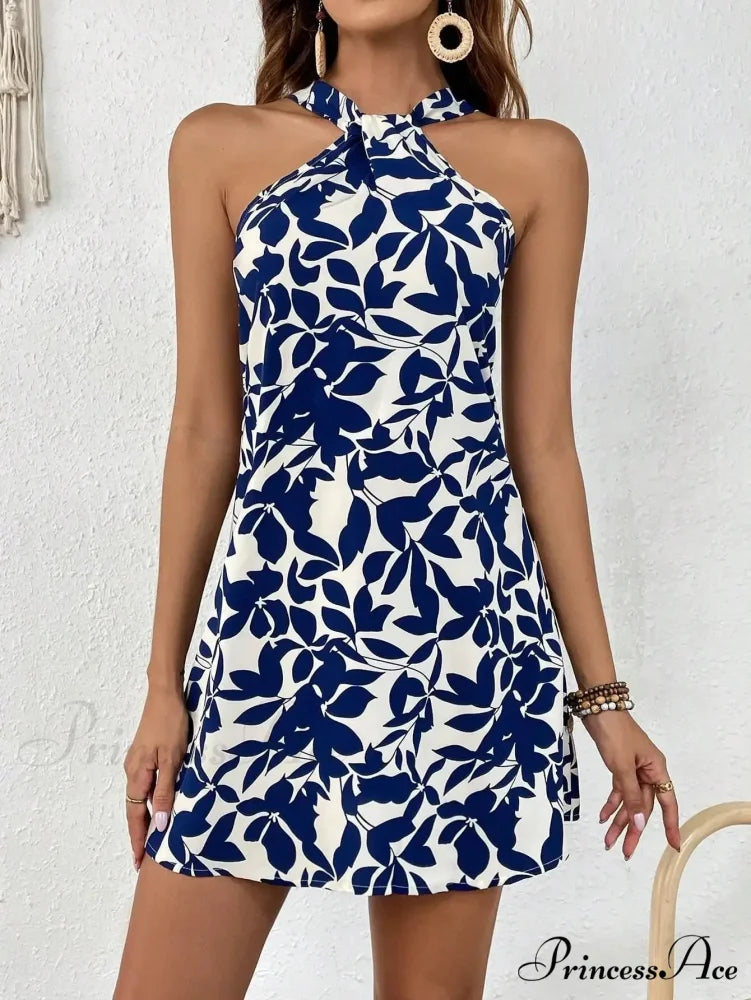 Spring/2024 New Print Halter Off-the-Shoulder Denim Dress Floral Dress Blue / S