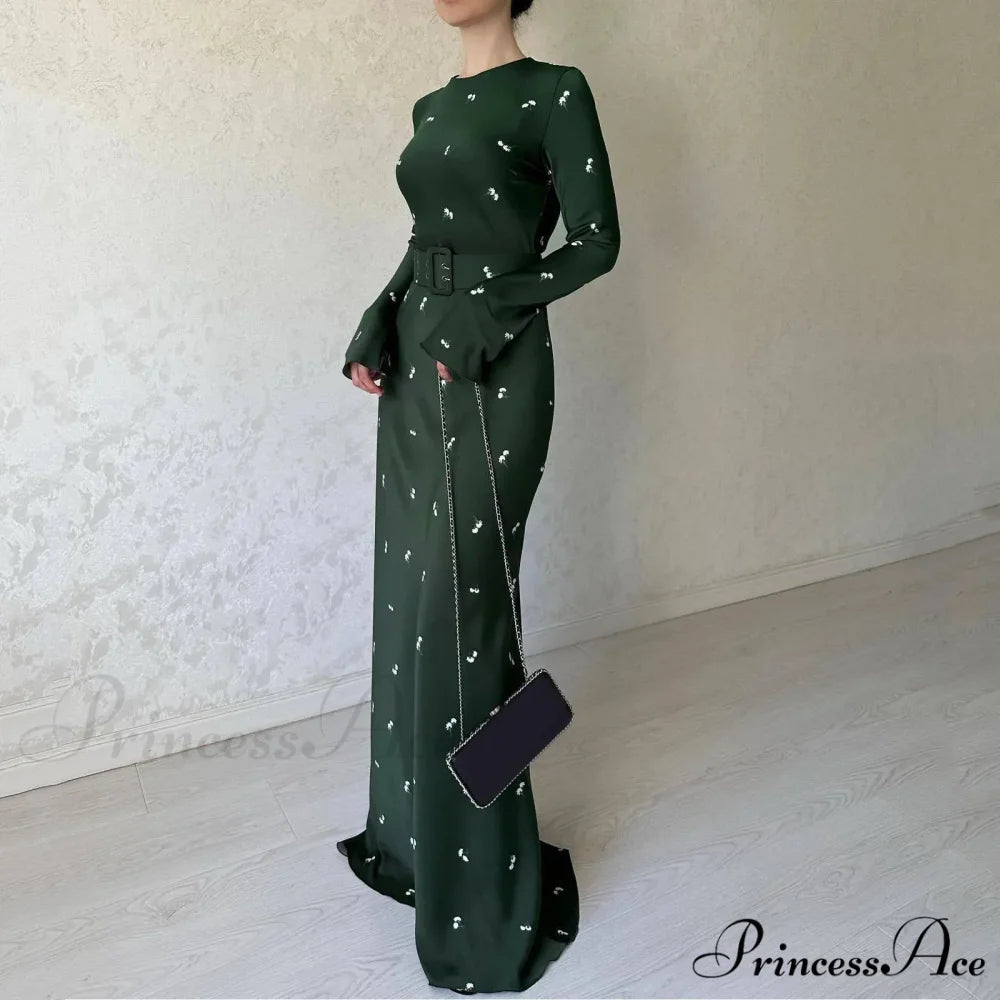 Spring Autumn Elegant Floral Printed Puff Sleeve Nipped Waist Slim Fit Round Neck Maxi Streetwear Dress