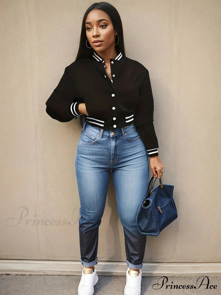 Spring Autumn European Pure Color Single-breasted Baseball Stylish Coat Black / S