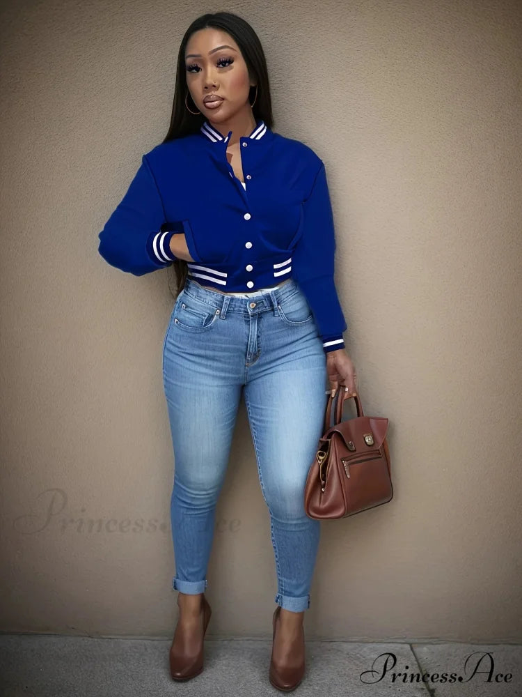 Spring Autumn European Pure Color Single-breasted Baseball Stylish Coat Blue / S