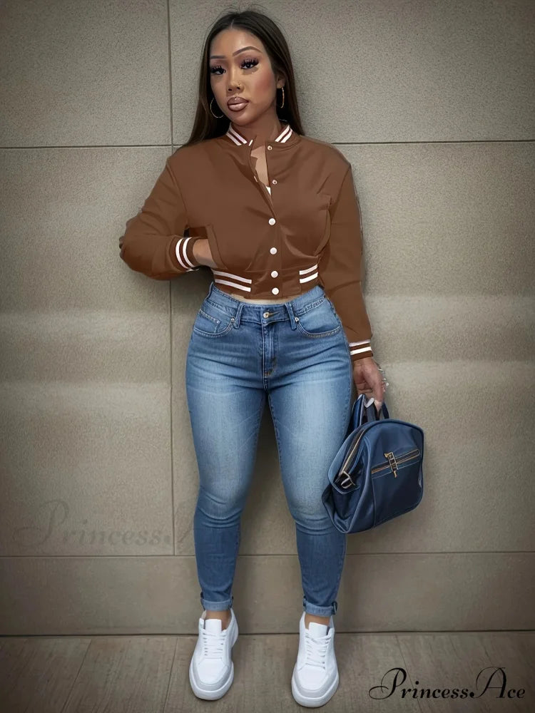 Spring Autumn European Pure Color Single-breasted Baseball Stylish Coat Brown / S