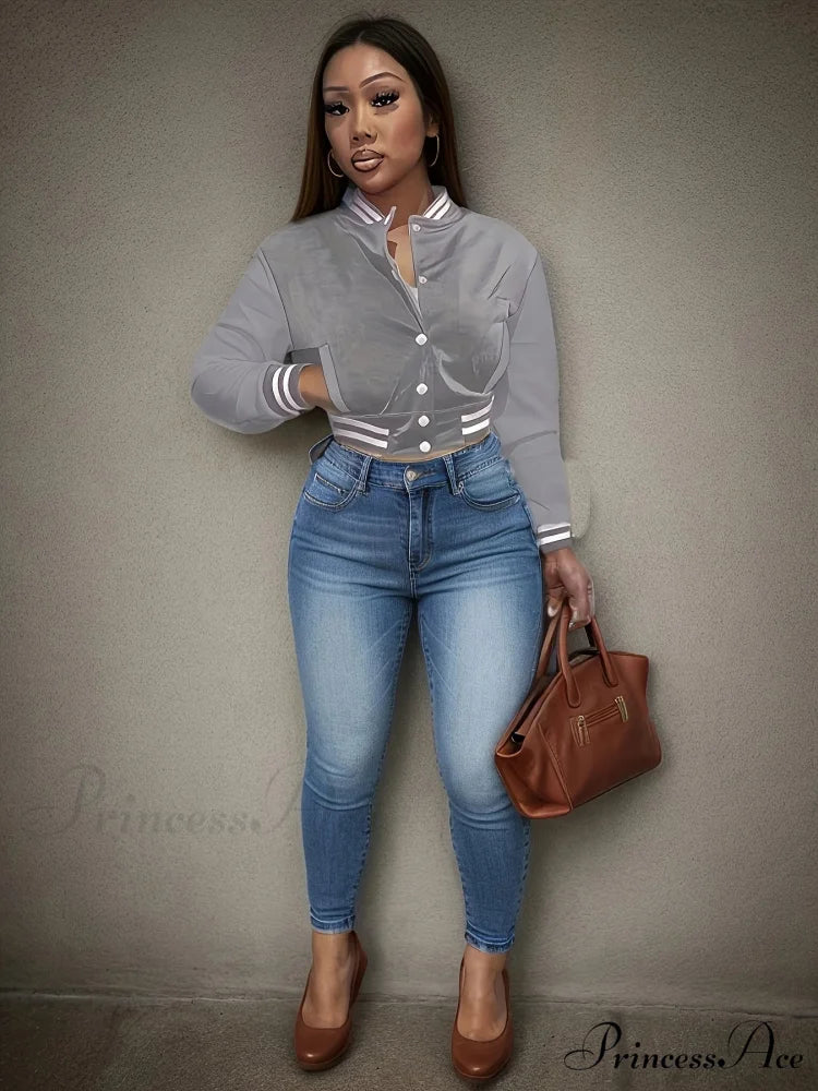 Spring Autumn European Pure Color Single-breasted Baseball Stylish Coat GRAY / S