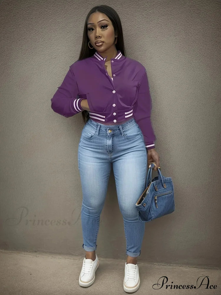 Spring Autumn European Pure Color Single-breasted Baseball Stylish Coat PURPLE / S