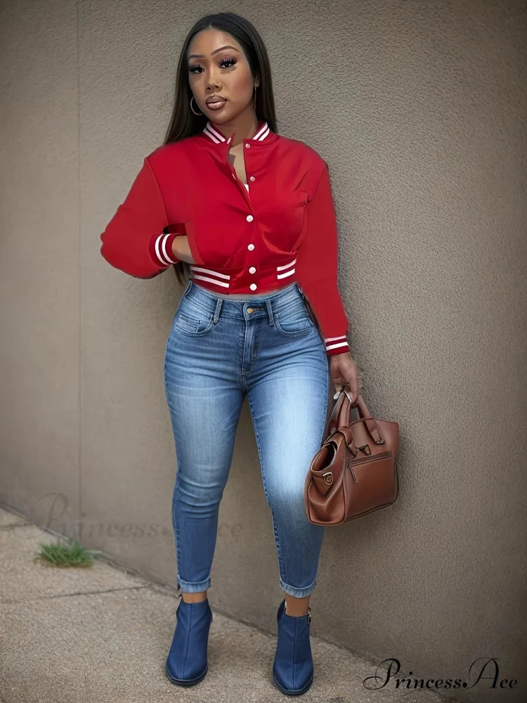 Spring Autumn European Pure Color Single-breasted Baseball Stylish Coat Red / S