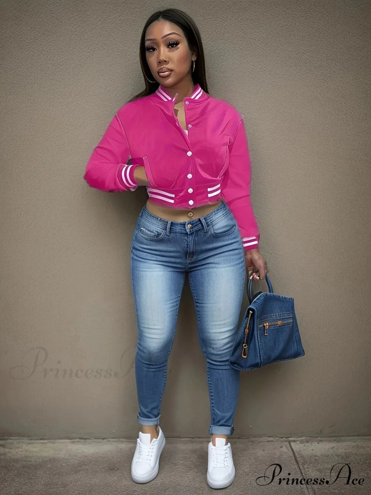 Spring Autumn European Pure Color Single-breasted Baseball Stylish Coat Roes / S