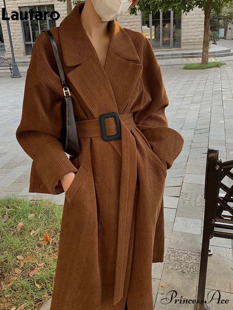 Spring Autumn Long Brown Black Striped Oversized Luxury Designer Runway Fashion 2024 Stylish Coat Brown / S