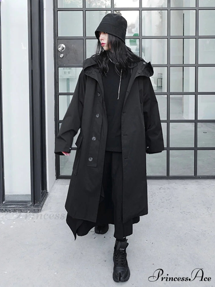 Spring Autumn Long Oversized Black Hood Dark Aesthetic Luxury Designer 2024 Stylish Coat