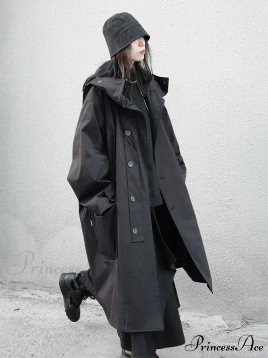 Spring Autumn Long Oversized Black Hood Dark Aesthetic Luxury Designer 2024 Stylish Coat Black / M