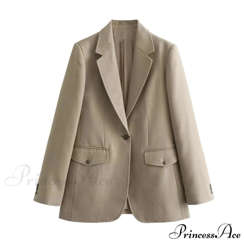 Spring Autumn One Button BF Boyfriend Vintage Long Sleeve Khaki Blazer Khaki / S