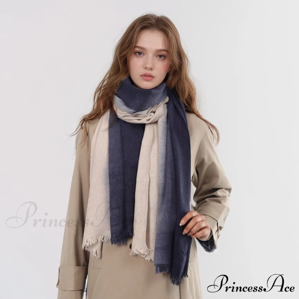 Spring Autumn Winter Thin High-end Gradient Two-tone Large Faux Cashmere Elegant Scarf Navy Blue