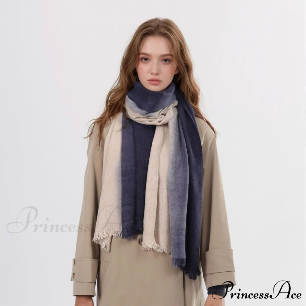 Spring Autumn Winter Thin High-end Gradient Two-tone Large Faux Cashmere Elegant Scarf Navy Blue