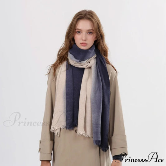 Spring Autumn Winter Thin High-end Gradient Two-tone Large Faux Cashmere Elegant Scarf Navy Blue